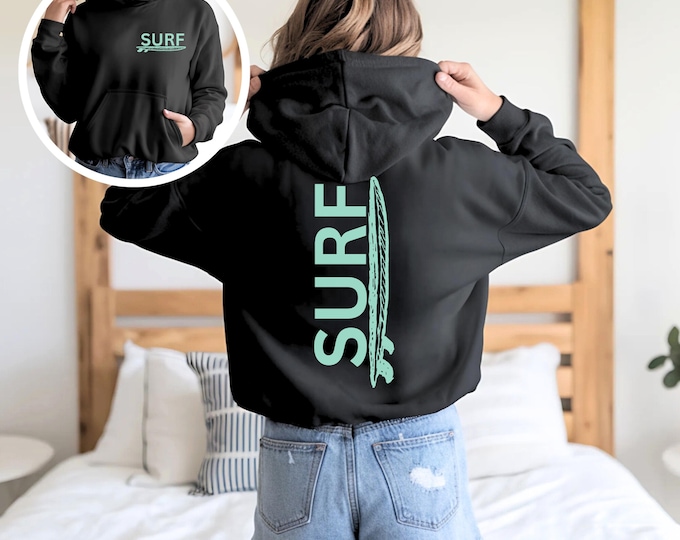 Surf Hoodie, Surfboard Graphic Sweatshirt, Beach Sweatshirt, Ocean Waves Pullover, Coastal Hooded Jumper, Summer Surfing Apparel