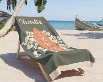 Toalla de playa tropical Aloha personalizada: diseño de tabla de surf, toalla con nombre personalizado, regalo de verano, toalla de playa hawaiana, toalla única para la piscina.