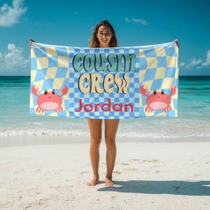 Retro Cousin Crew Beach Towel - Family Reunion Custom Towel, Summer Vacation Gift, Vintage Beach Blanket, Personalized Pool Towel, Family