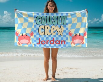 Toalla de playa retro Cousin Crew: toalla personalizada para reunión familiar, regalo de vacaciones de verano, manta de playa vintage, toalla de piscina personalizada, familia