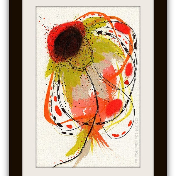 Watercolor Botanical Painting In Orange and Chartreuse with Embroidery........ 6 x 9..."P19" By Christina Romeo