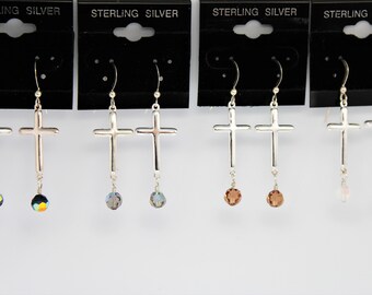 Sterling Silver Cross with Swarovski Crystal Dangle hook earrings  (Select crystal color choice)