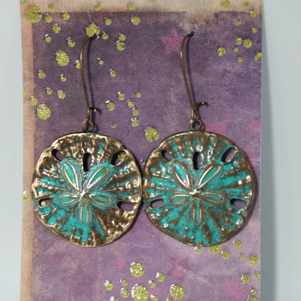 THE SAND DOLLAR, Vintage Inspired Handpainted Verdigris All Natural Brass Arched Earrings, Beach Theme