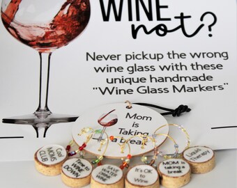 MOM is TAKING a BREAK Cork Wine Glass Charm markers, Set of 6 Charms with Crystals