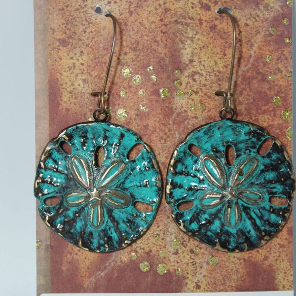 THE SAND DOLLAR, Vintage Inspired Handpainted Verdigris All Natural Brass Arched Earrings, Beach Theme