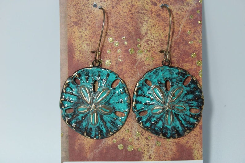 THE SAND DOLLAR, Vintage Inspired Handpainted Verdigris All Natural Brass Arched Earrings, Beach Theme image 1