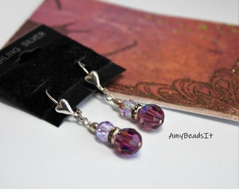 Sterling Silver Amethyst SWAROVKSI CRYSTAL Heart Leverback Earrings