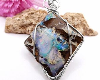 Large Carved Boulder opal pendant, sterling silver wire wrapped pendant, Australian opal gift
