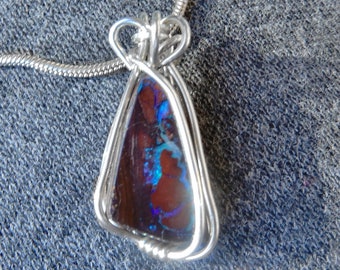 Small Koroit Boulder Opal pendant, Australian opal, sterling silver wire wrapped pendant