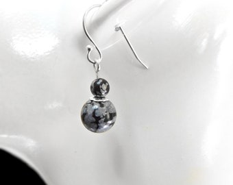 Snowflake Obsidian earrings, Sterling silver handcrafted earrings, dangle elegant two gemstone jewellery