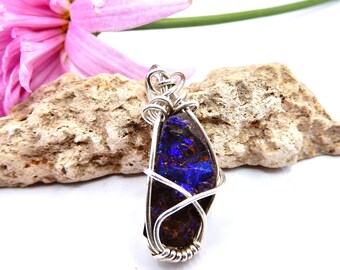 Raw Boulder Opal Sterling silver wire wrapped, vivid blue opal handcrafted pendant, Australian solid rough opal gift