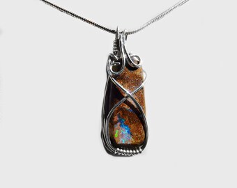 Boulder Opal pendant, Sterling silver wire wrapped pendant, sparkling solid Australian opal gift, handmade necklace