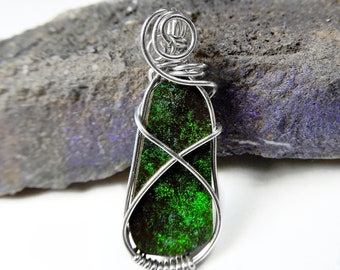 Andamooka Matrix Opal, gem green pinfire, sterling silver wire wrapped pendant