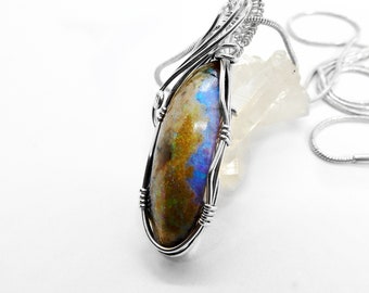 Matrix and crystal Opal large unique opal 15.88 ct, green blue crystal, Sterling silver wire wrapped pendant