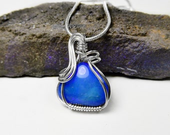 Blue Purple Crystal opal Doublet pendant, Sterling silver wire wrapped, unique Australian opal jewellery