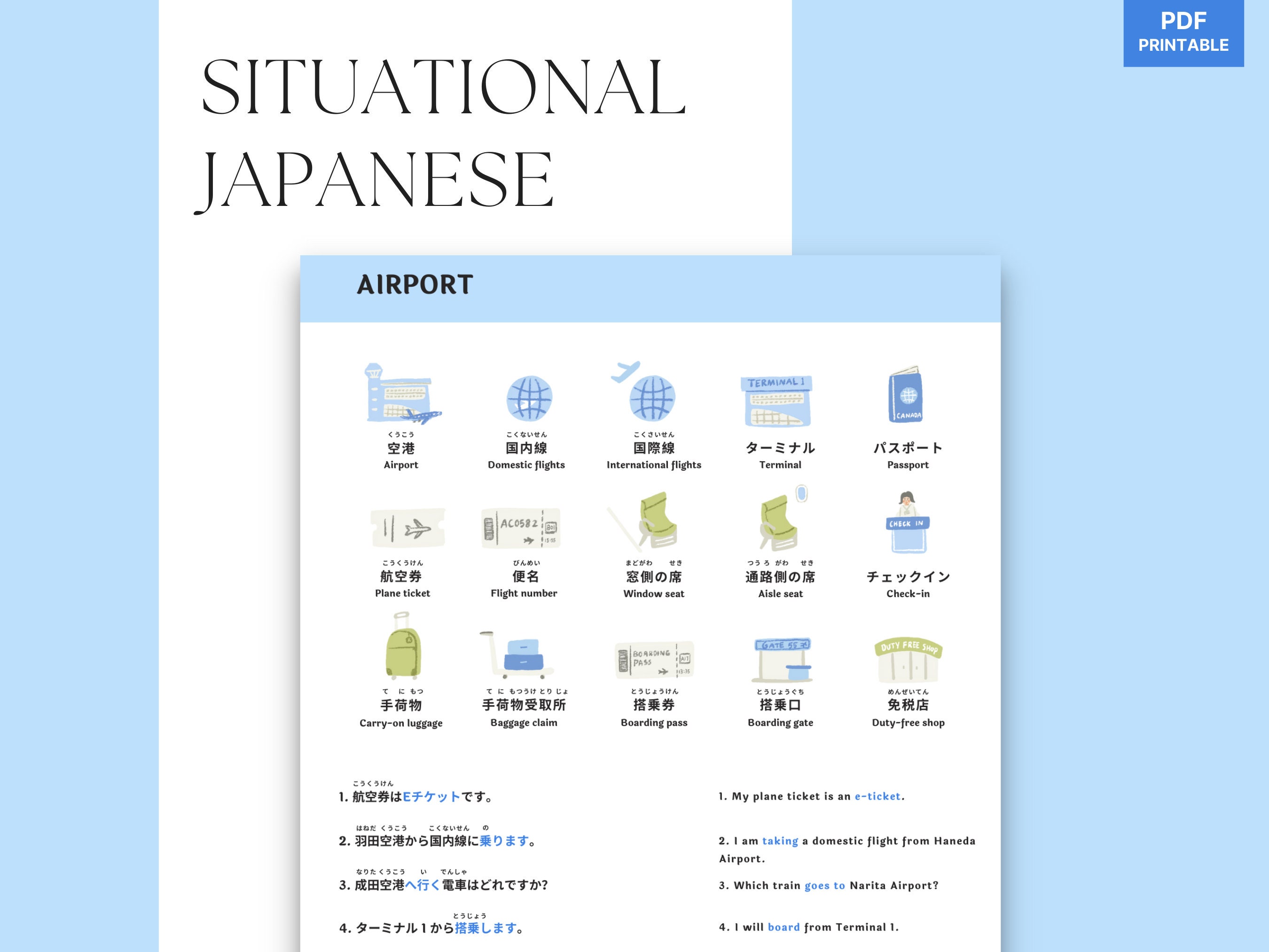 Airport Japanese, Situational Japanese, Japanese learning worksheet, Japanese study guide, Japanese phrases, Japanese words, basic Japanese