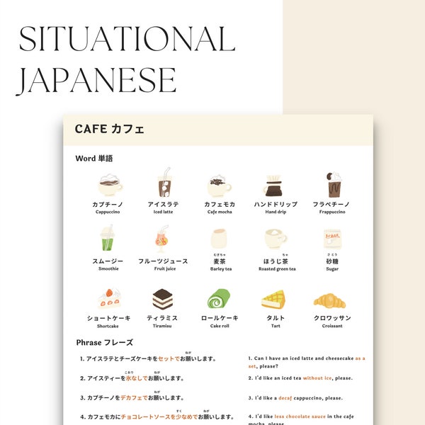 Cafe Japanese, Japanese learning worksheet, Japanese study guide, Japanese words and phrases for beginner, basic Japanese, Japanese PDF