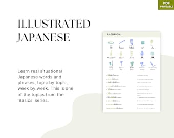 Bathroom Japanese, Japanese words, Japanese phrases, basic Japanese, Japanese learning worksheet, Japanese study sheet, Japanese speaking