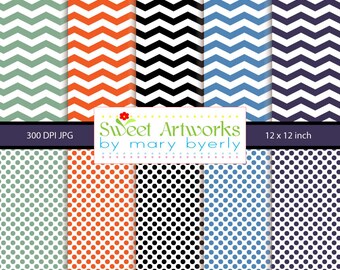 Chevron und Polka Dot Papiere - Navy, Orange, Grün und Schwarz (Digitaler Download)