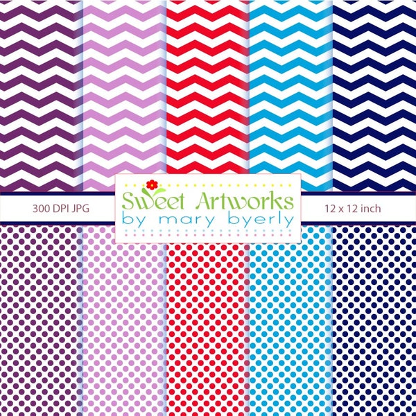 INSTANT DOWNLOAD - Chevron and Polka Dot Digital Printable 12" x 12" High Resolution JPG Papers Scrapbooking purple navy blue red