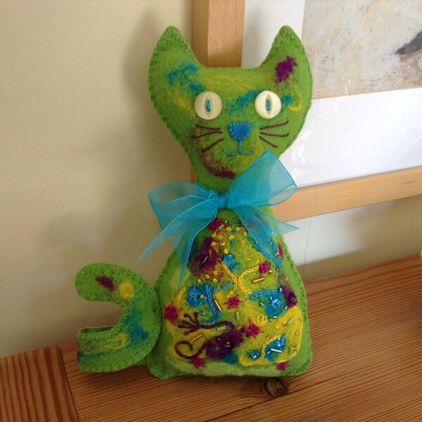 Green Felt Cat, Felt Cat, Needle Felt Cat, Bright Colours Cat, Cat Lovers Gift, Embellished Cat