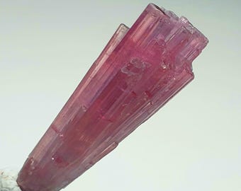 May include: A vibrant pink tourmaline crystal with a columnar structure. The crystal's color ranges from a deep magenta to a lighter pink, with visible striations along its length. The base of the crystal is attached to a white matrix.