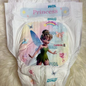 Cuddles Adult Pampers ABDL Adult Baby Diaper Nappy - Cuddles Princess - Tinkerbell “The Diaper Fairy” Size Medium & Size Large