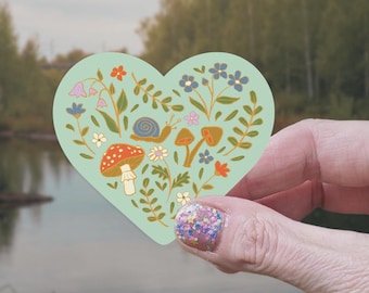 Nature Doodles Heart Vinyl Sticker: Wildflowers, Mushrooms, Snail