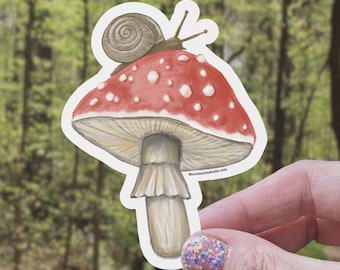 Fly Agaric Mushroom Vinyl Sticker: Snail Cottagecore Decor