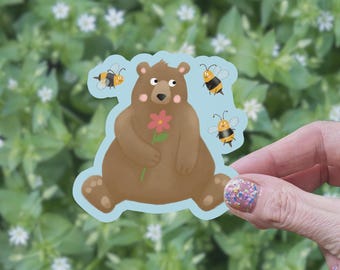 Bear with Bees Sticker | Vinyl Sticker, Cute Sticker, Cute Bear Sticker, Cute Bear, Nature Sticker, Cute Animal Sticker, Valentine Bear