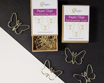 Boxed Gold Butterflies Paper Clips: 12 Count, Office, Desk Coquette, Accessory, Organization, Gift for Nature Lover, Stationery Lover