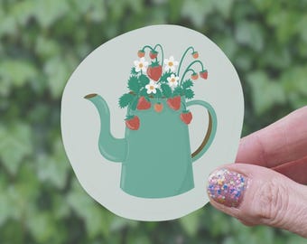 Strawberry Teapot Sticker | Cute Strawberry Sticker, Water Bottle Sticker, Nature Sticker, Cute Sticker, Matte Sticker, Cottagecore Sticker