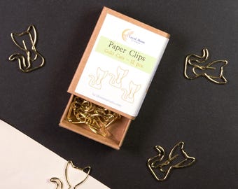 Boxed Gold Cat Paper Clips | 12 Pc Set, Cute Desk Accessory, Planner Organizer
