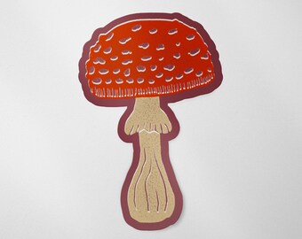 Linocut Mushroom Glossy Vinyl Sticker -  4 Color Options