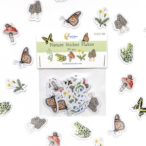 May include: A package of nature-themed sticker flakes with 20 pieces. The stickers feature illustrations of butterflies, mushrooms, flowers, and a frog. The package has the text "Nature Sticker Flakes" and "Lucid Moon Studio".