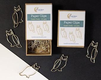 Boxed Gold Owls Paper Clips: 12 Count, Office, Desk Coquette, Accessory, Organization, Nature Lover Gift, Stationery Lover, One of a Kind