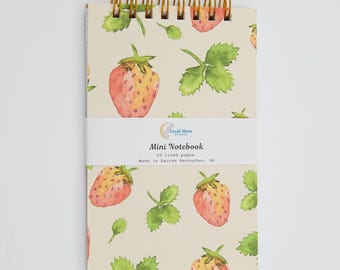 Strawberry Fields Mini Notebook | Hand-Painted Watercolor Design, Top Spiral Jotter, Lined Pages