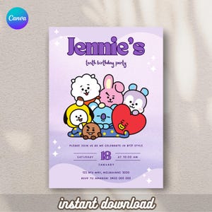 BT21 Birthday Invitation – Editable Canva Template | Instant Download | Cute K-Pop BTS Party Invite