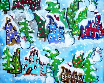 Snowman Houses Christmas Trees Winter Holiday Snow Whimsical Colorful Folk Art Giclee Print