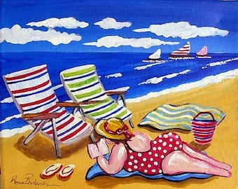 Fun Beach Diva Reading Whimsical Folk Art Canvas Giclee PRINT