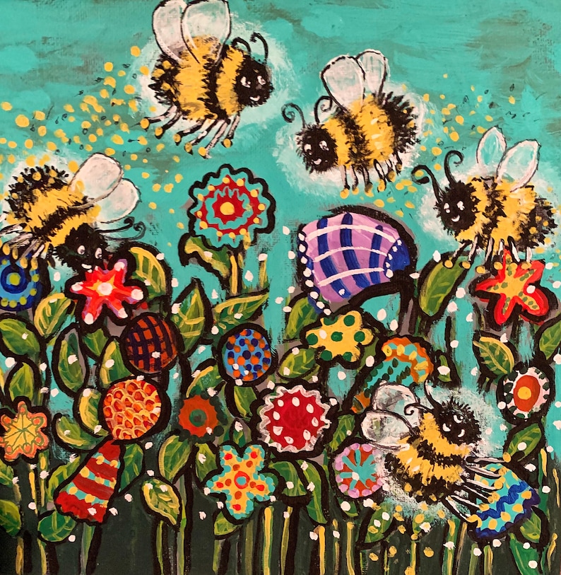 Bees Flowers Print Colorful Whimsical Flowers Folk Art Canvas Print image 1
