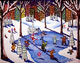 Ice Skaters in the City Winter NYC Folk Art Giclee Canvas PRINT