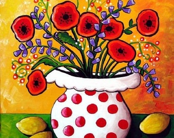 Red Poppies in Polka Dots Floral Fun Whimsical Folk Art Giclee PRINT