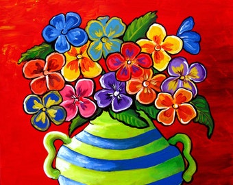 Pansies Fun Floral Whimsical Folk Art Giclee Canvas PRINT