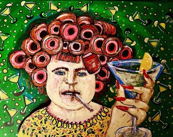 Curlers and Lemon Drops Fun Painting Original Whimsical Art Ready for Free Shipping