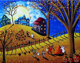 Halloween Kids Trick or Treat Under Full Moon Fun Whimsical Folk Art Giclee Print