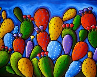 Prickly Pear Cactus Rectangular Fun Whimsical Folk Art Colorful Giclee PRINT