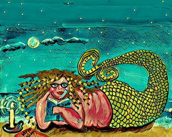 Bookworm Mermaid Whimsical Folk Art Giclee Print on Canvas