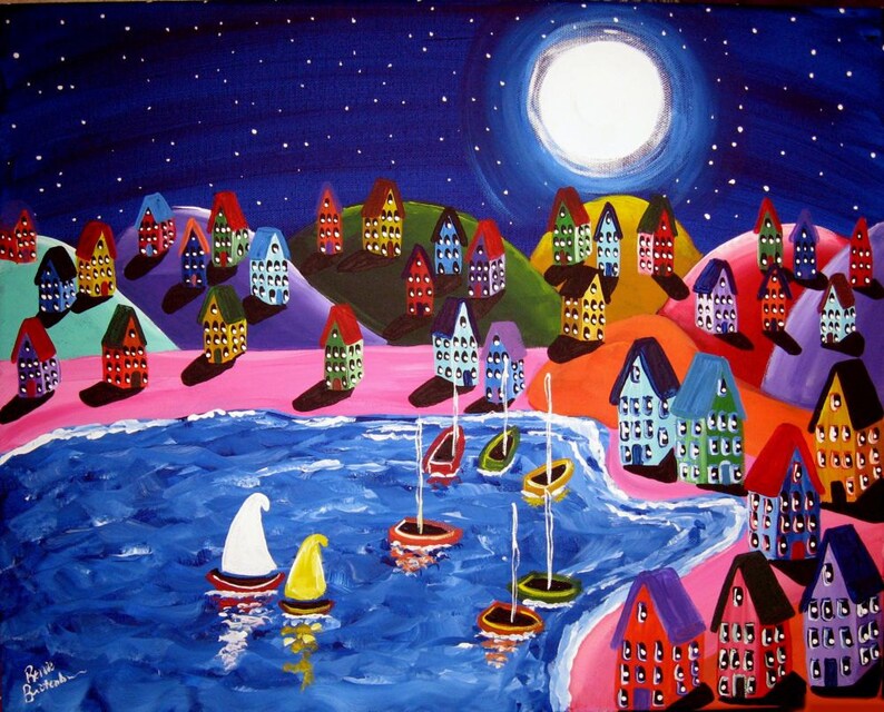 Colorful Artwork Night Sail Whimsical Sailboats Shoreline Folk Art Giclee PRINT image 1