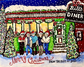 Christmas Retro Diner Hometown Fun Painting Original Whimsical Art Ready for Free Shipping